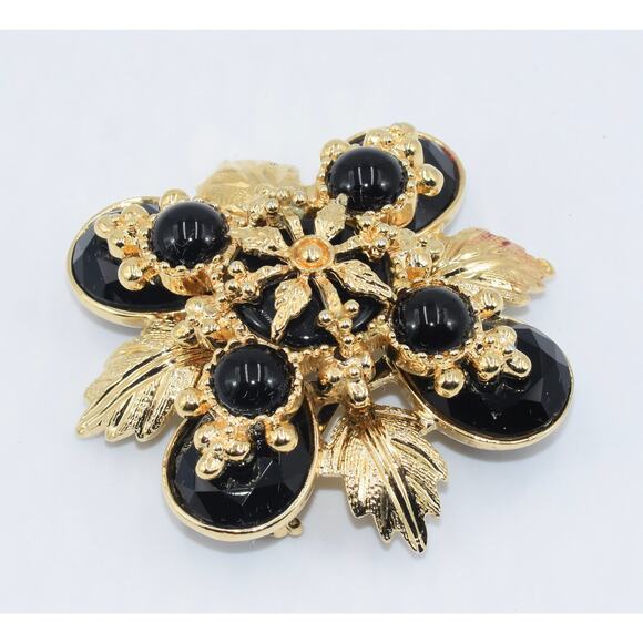 Y2K ST. JOHN Designer Black & Gold Cabochon Maltese Cross Crest Brooch Pin - Picture 2 of 6
